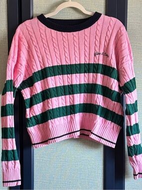 Pink and Green Preppy Striped Tennis Cable Knit Take it Easy Sweater, Size XL